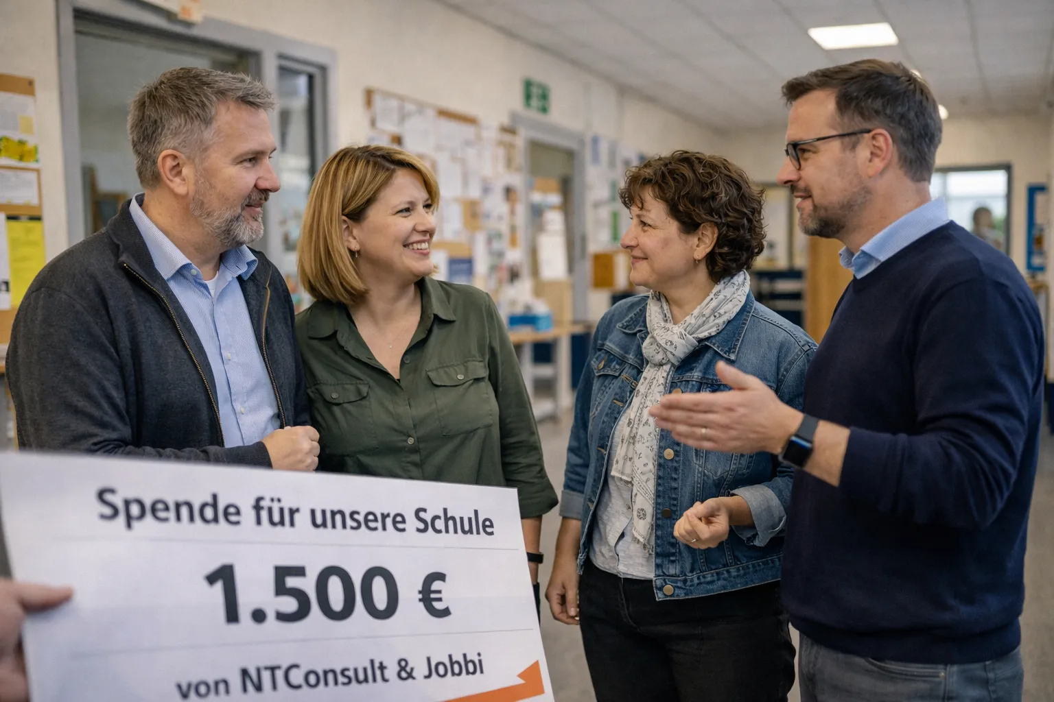 Symbolische Spendenübergabe von NTConsult und Jobbi an eine Schule — 1.500 Euro für den Förderverein