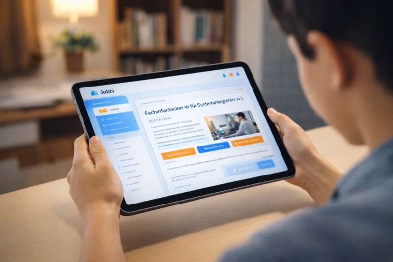 Jobbi Webportal auf einem Tablet mit Stellenangeboten